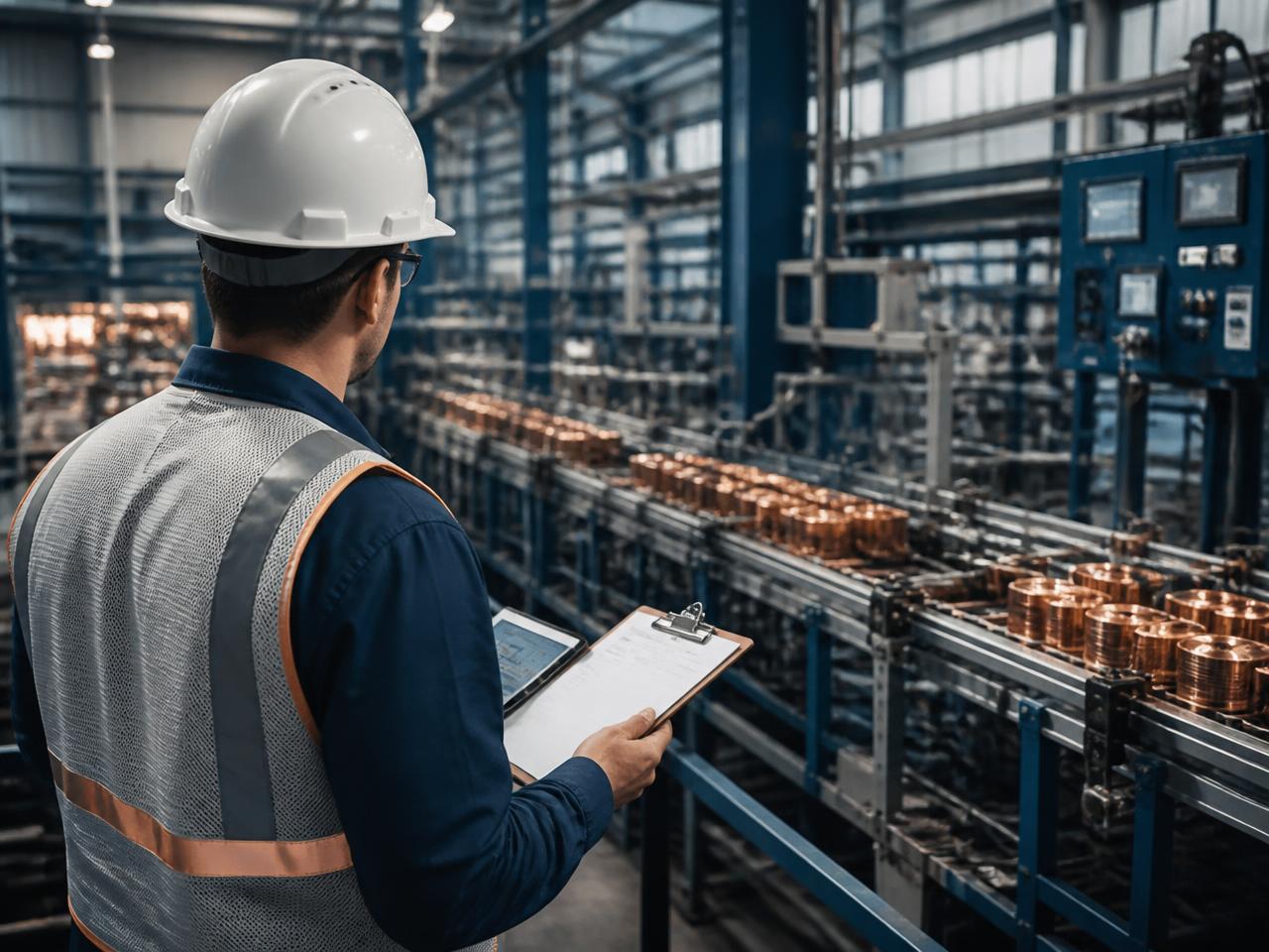 Engenheiro industrial acompanhando uma linha de produção com prancheta e tablet